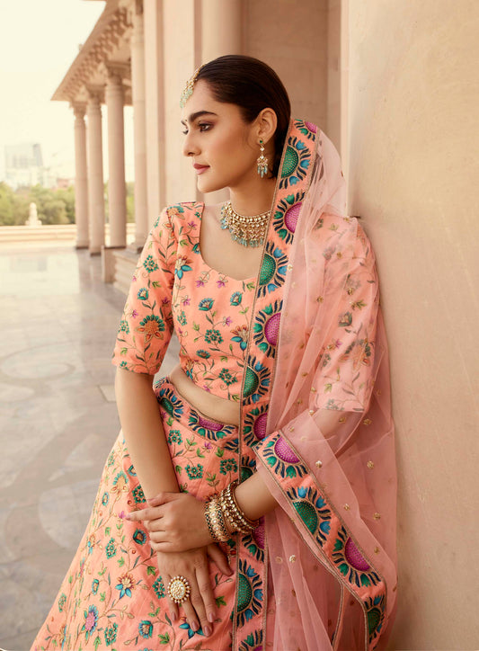 Peach Multicolored Embroidered Lehenga Choli