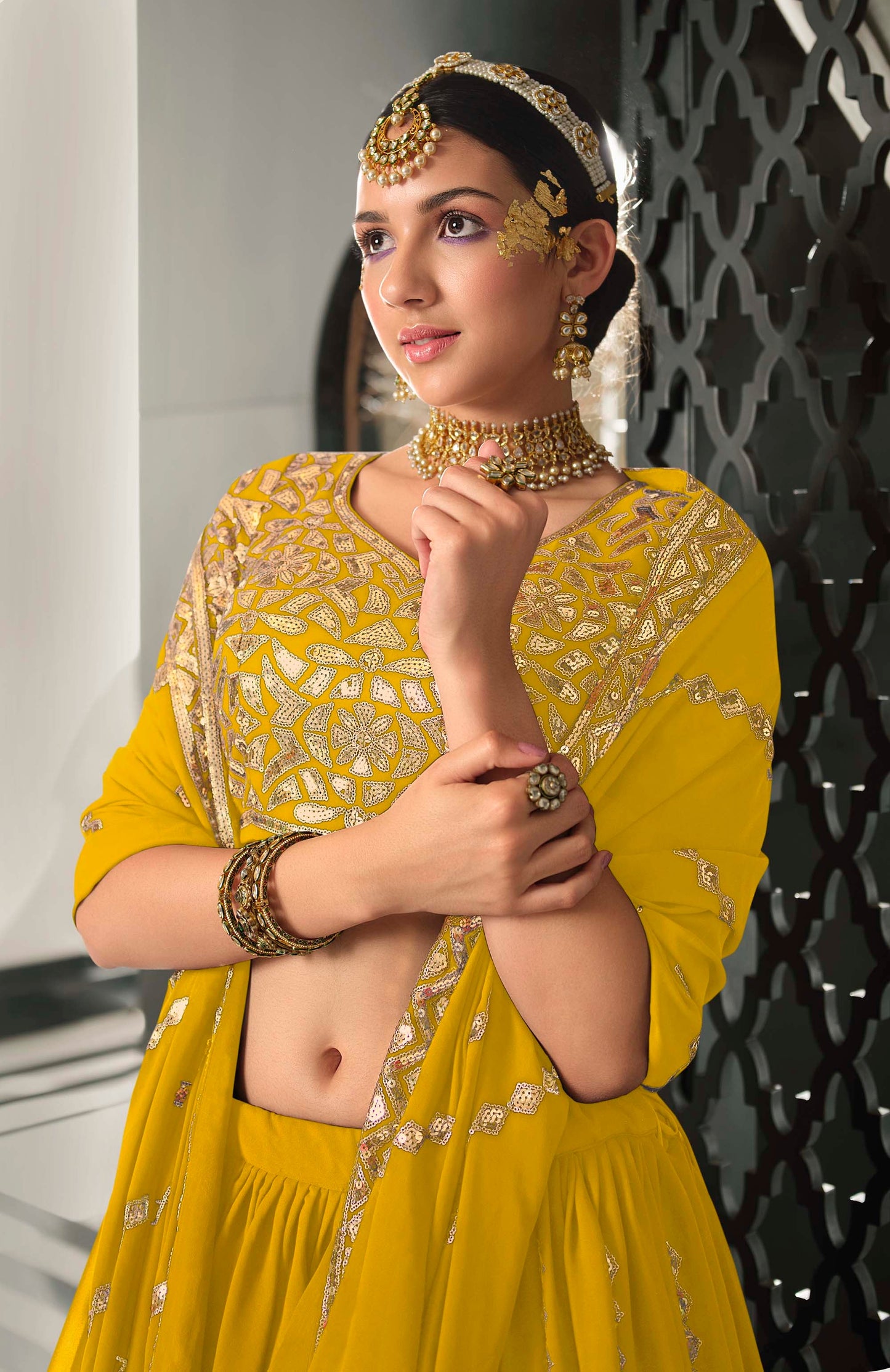 Bright Yellow Color Georgette Lehenga for Haldi 2153