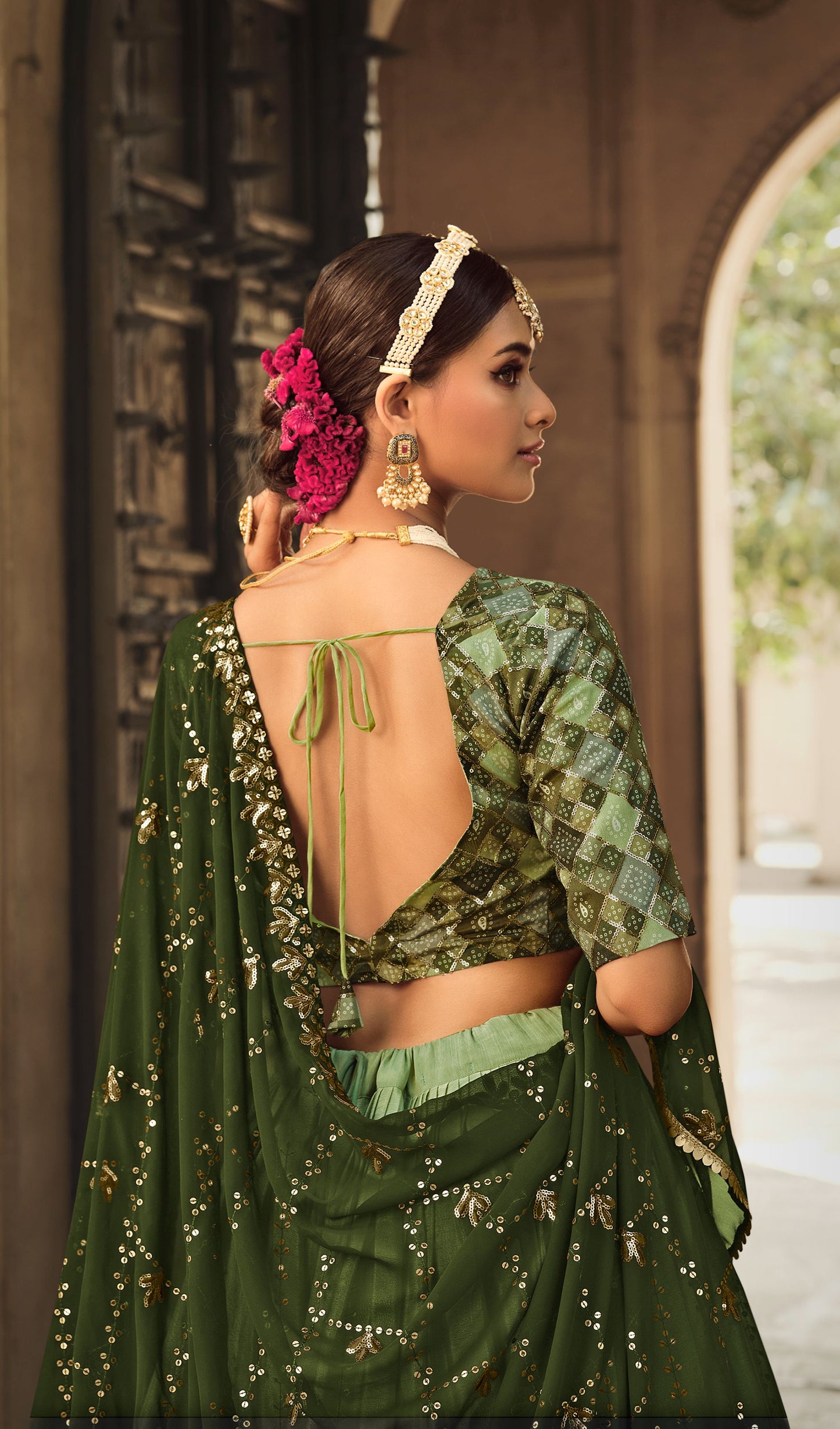 Green Sequins Work Silk Lehenga Choli for Mehendi 2163a