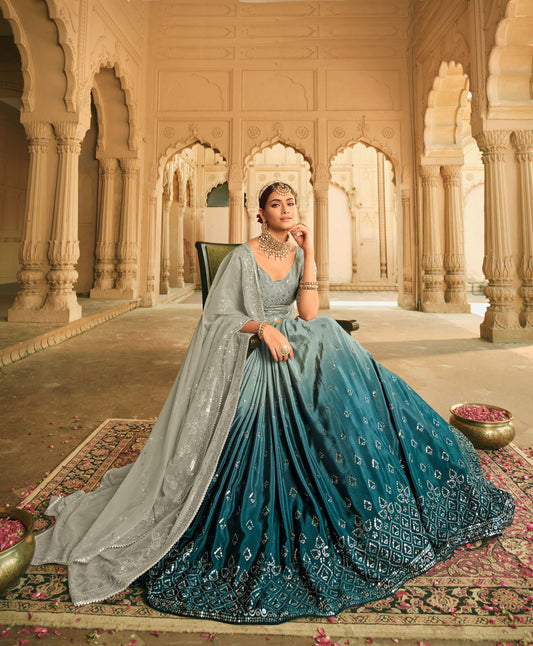 Grey and Blue Embroidered Lehenga for Mehendi 2168