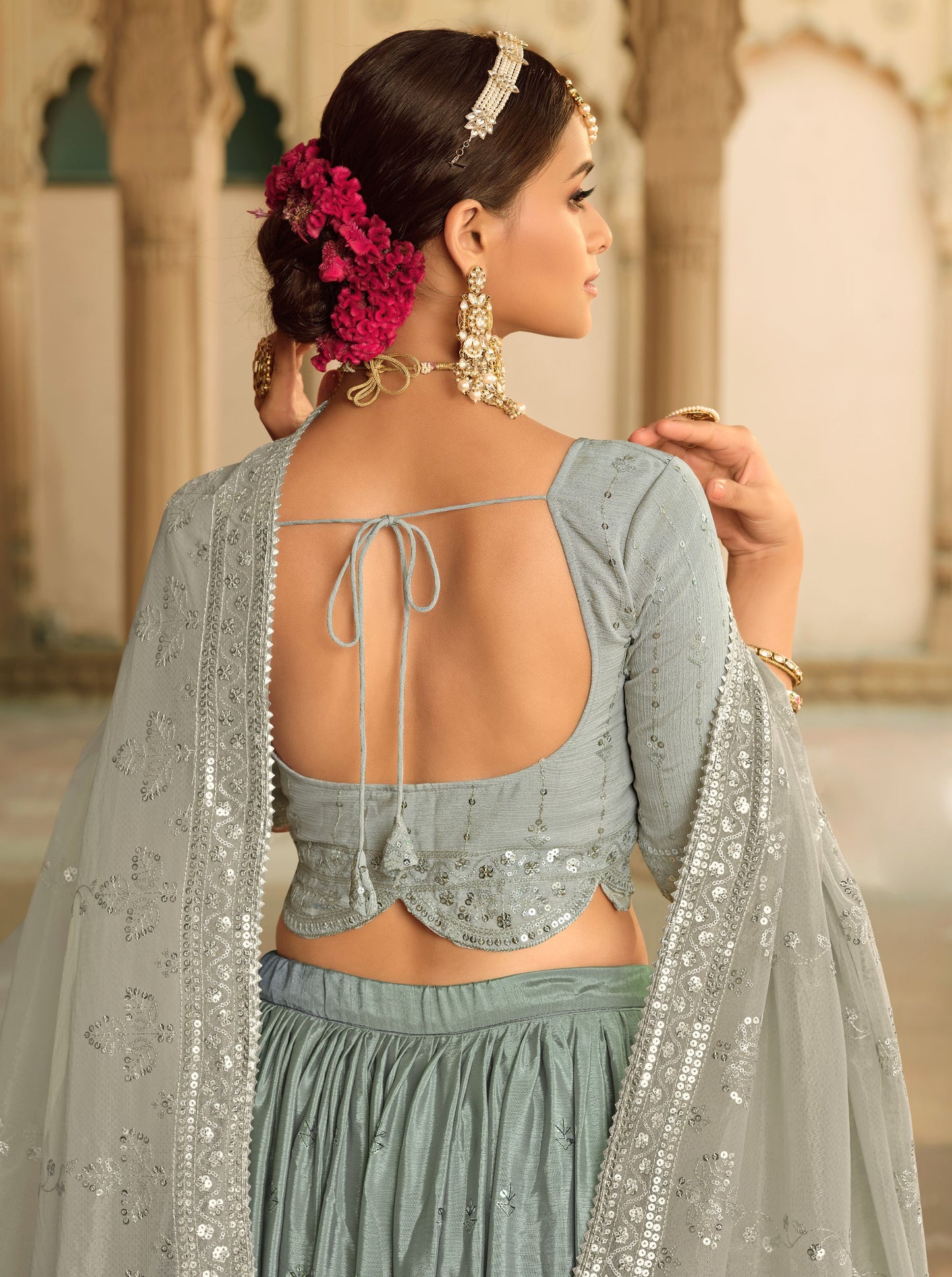 Grey and Blue Embroidered Lehenga for Mehendi 2168
