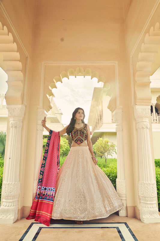 Wonderful Beige Sequins Work Georgette Lehenga