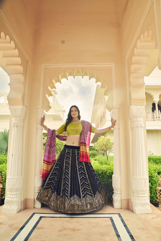 Pretty Navy Blue Sequins Work Georgette Lehenga