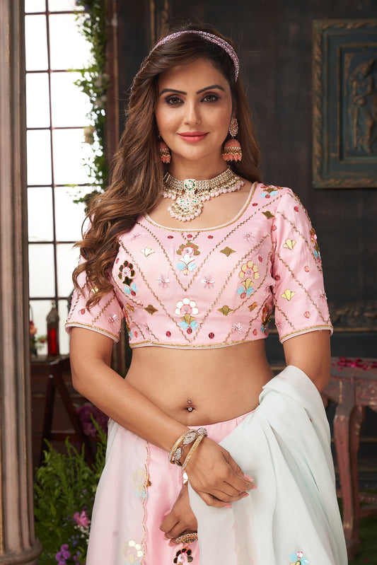 Pastel Pink Hand Embroidered Lehenga Set for Engagement SC021