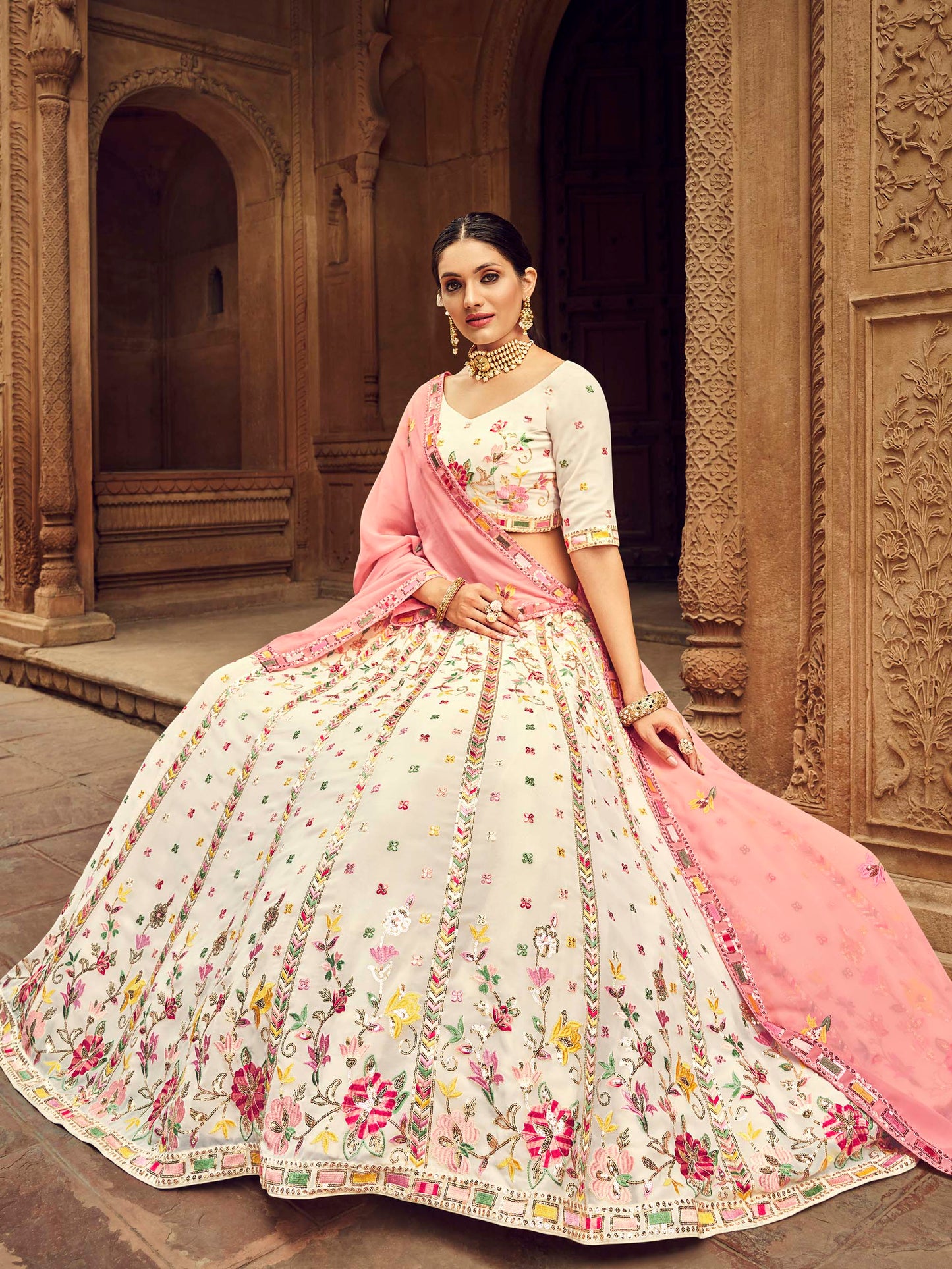 Attractive Beige Georgette Designer Lehenga for Wedding Guest 2211