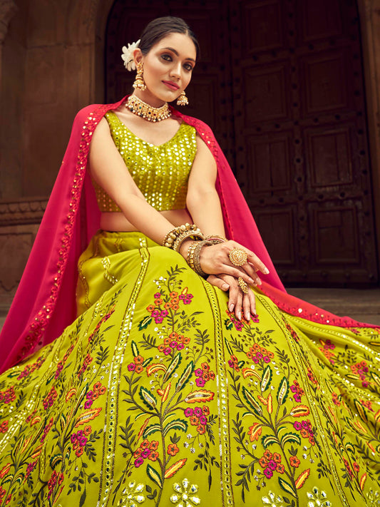Fluorescent Green Thread Embroidered Georgette Lehenga