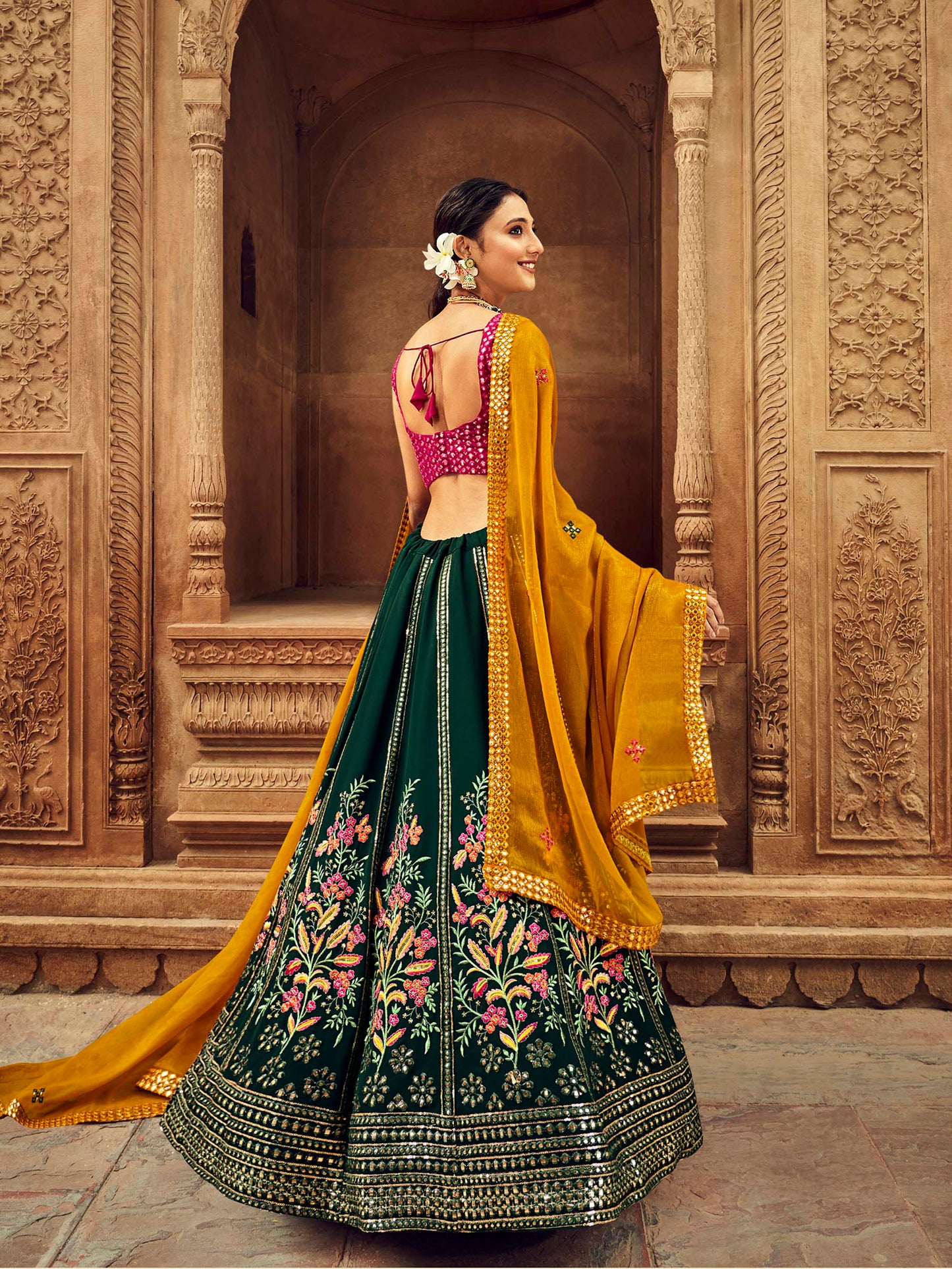 Marvelous Green Thread Embroidered Georgette Lehenga
