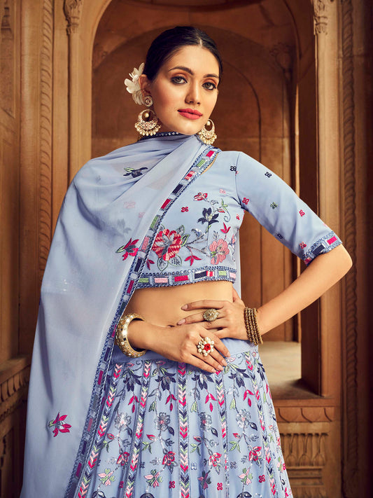 Sky Blue Thread Embroidered Georgette Lehenga