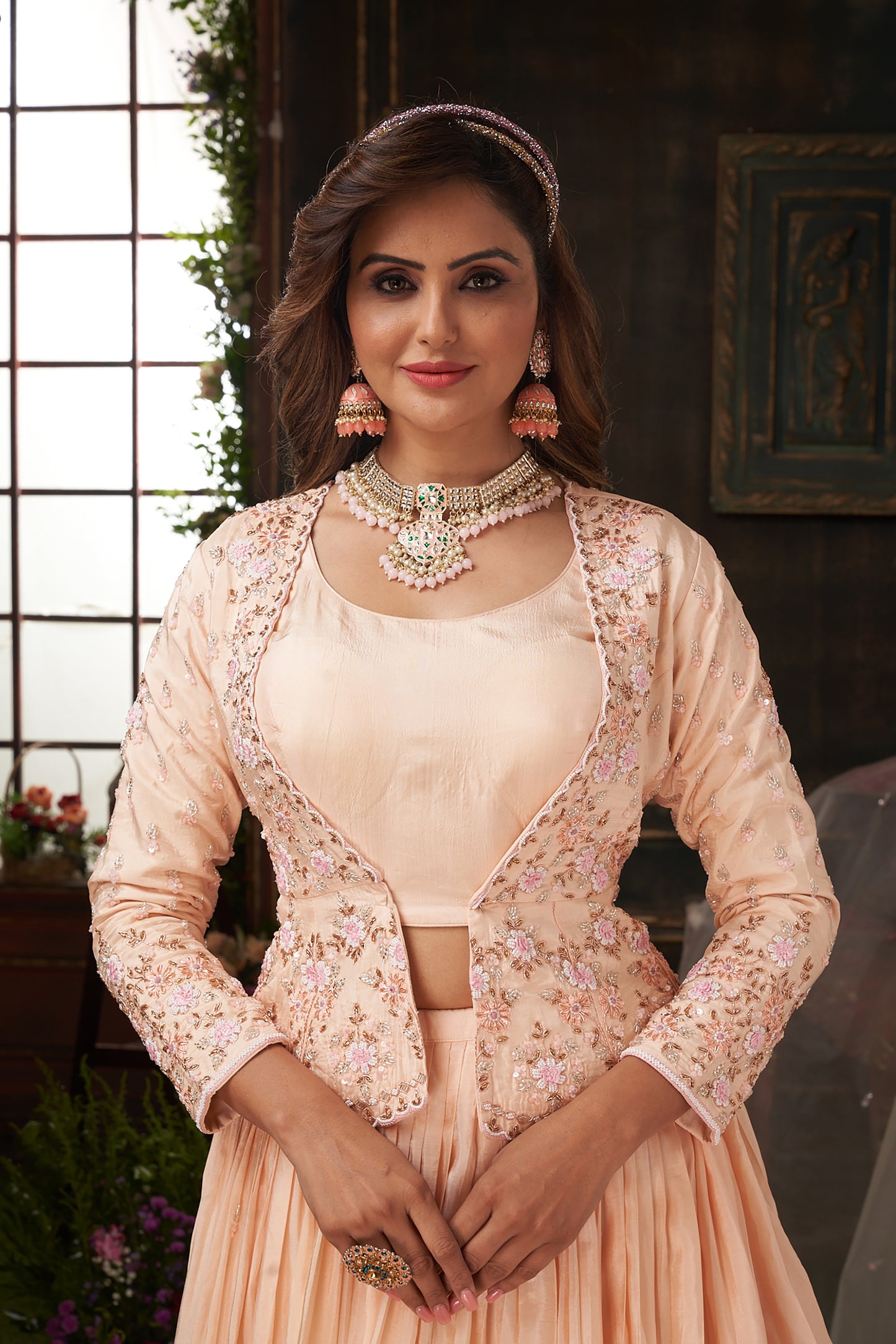Pastel Peach Lehenga with Peplum Jacket for Bridesmaid sc022