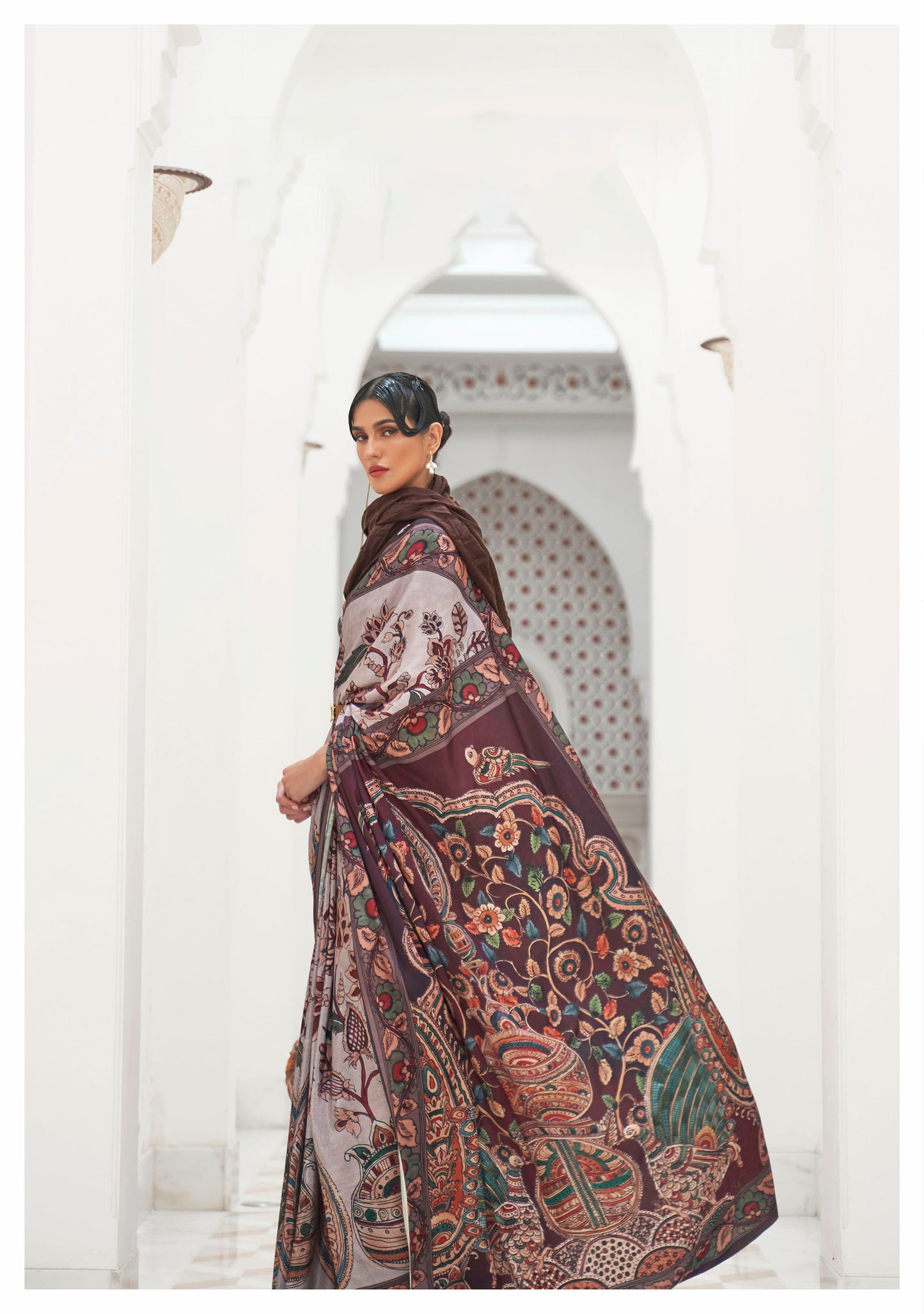 Brown Digital Print Crepe Silk Saree