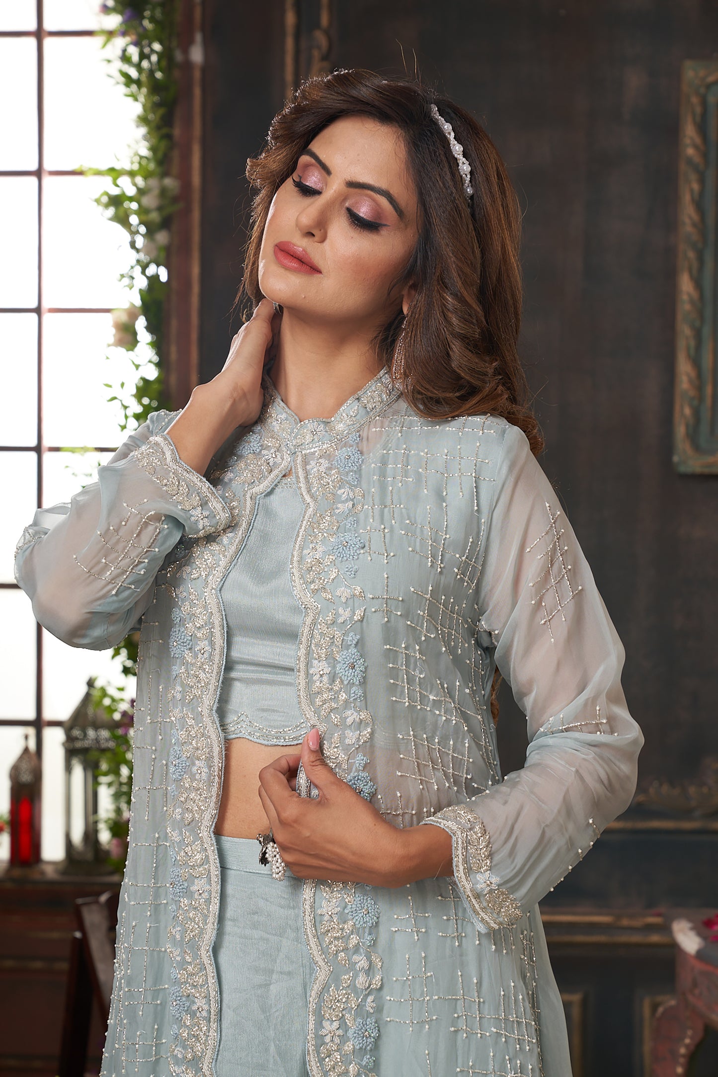 Elegant Grey Color Indowestern Gharara