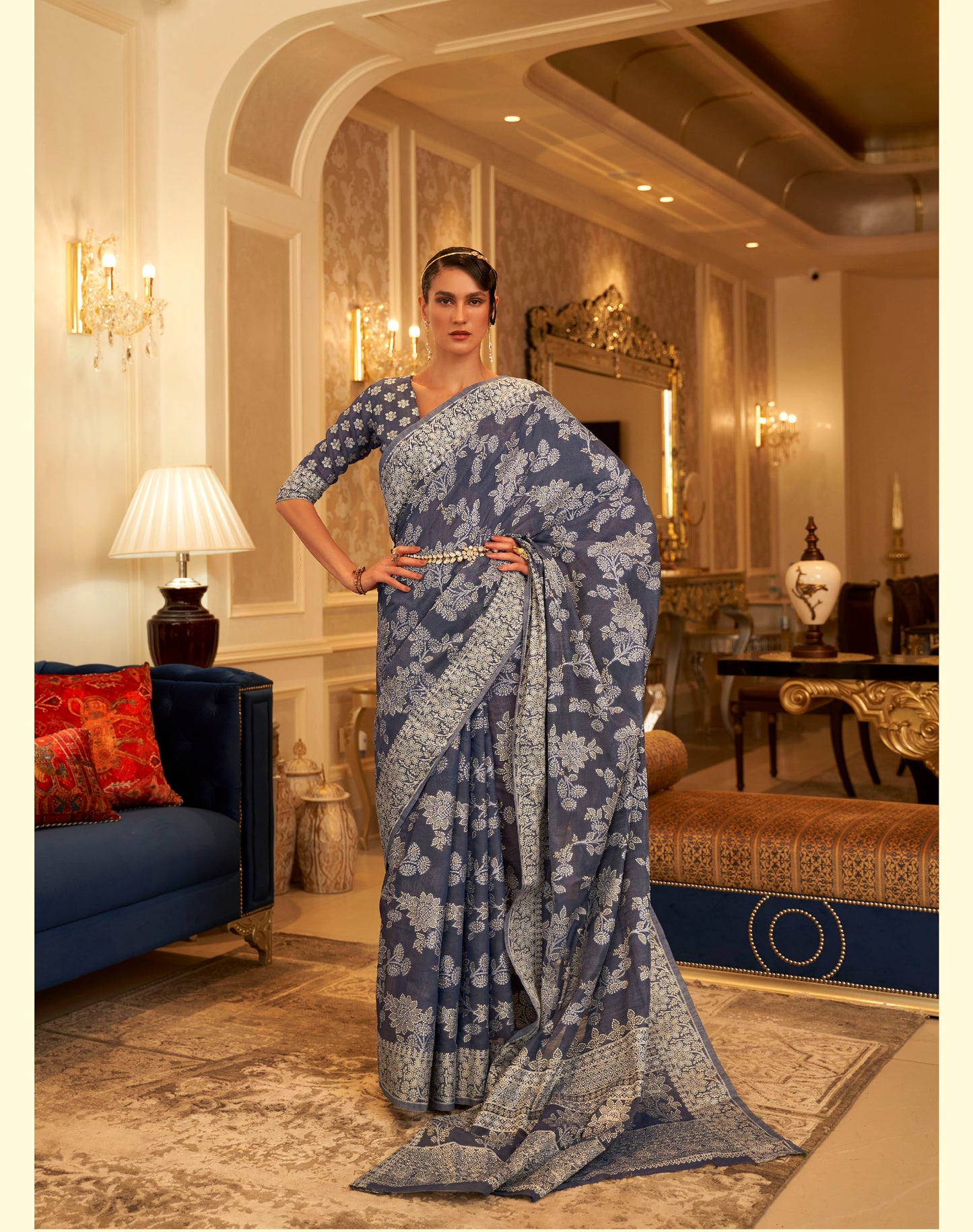 Blue Chikankari Style Cotton Silk Saree