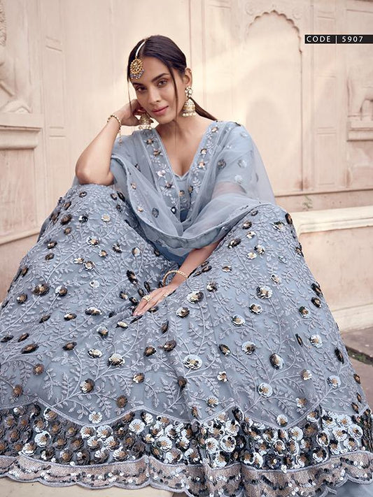 Grey Soft Net Sequin Work Lehenga
