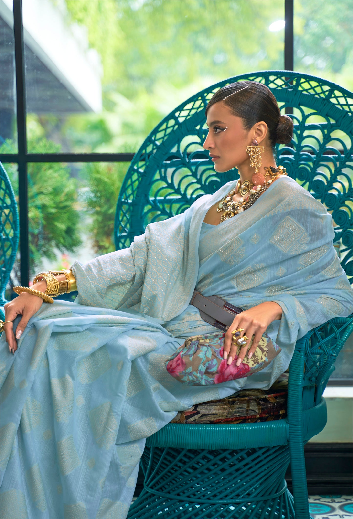 Sky Blue Lucknowi Cotton Silk Saree