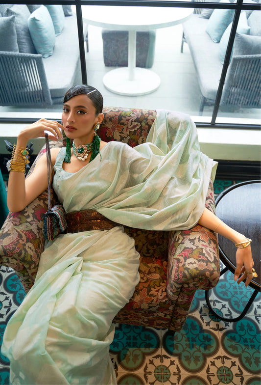 Light Green Lucknowi Cotton Silk Saree