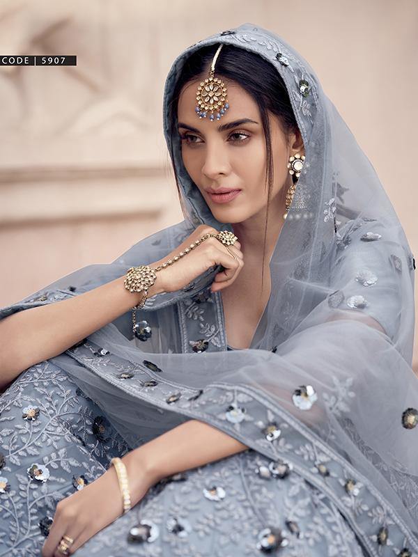 Grey Soft Net Sequin Work Lehenga