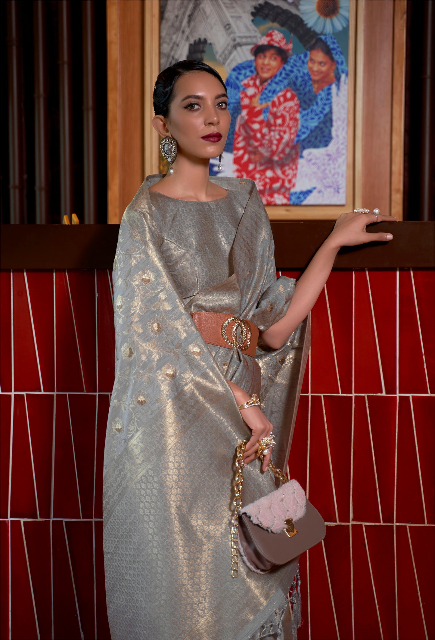 Grey Banarasi Partywear Woven Silk Saree