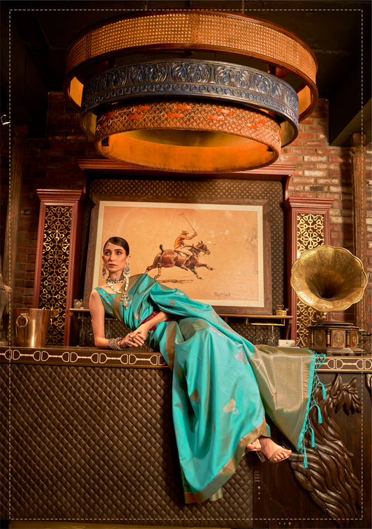 Turquoise Blue Silk Blend Kanjivaram Saree