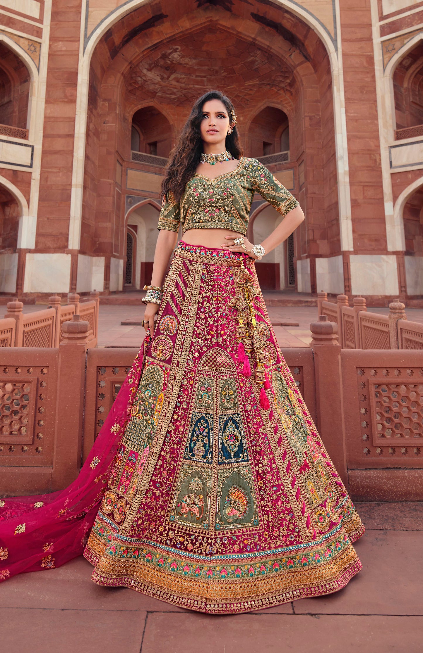 Wedding Pink & Green Traditional Bridal Lehenga