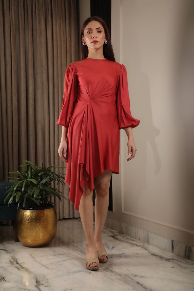 Crimson Red Modal Satin Draped Dress