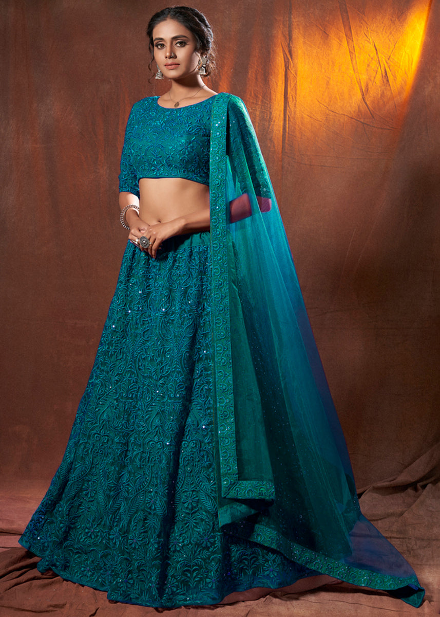 Green Color Monochrome Soft Net Lehenga