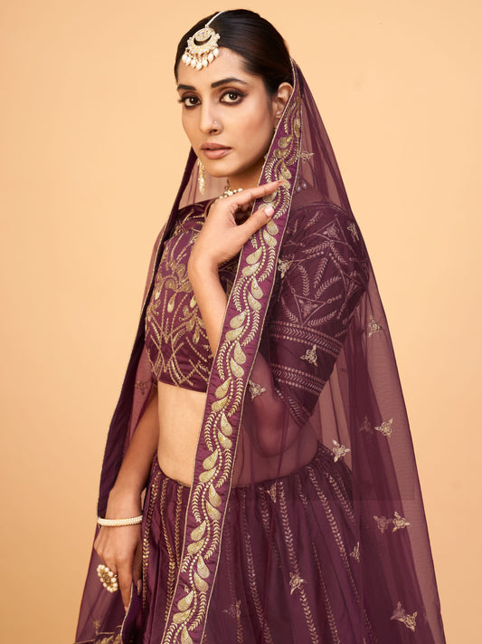 Wine Color Silk Sequins Embroidery Lehenga for Wedding Guest 1001