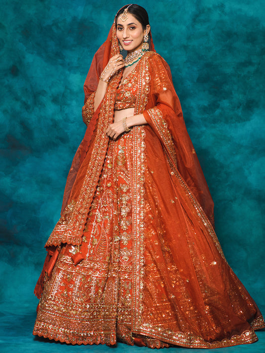 Orange Designer Organza Embroidered Bridal Lehenga