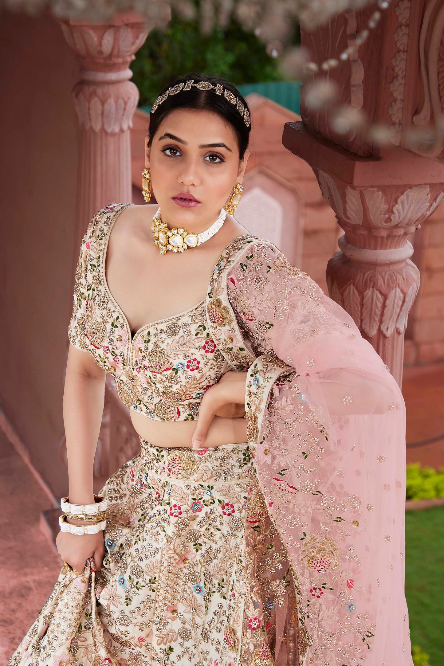 Cream Color Silk Bridal Lehenga Choli for Wedding