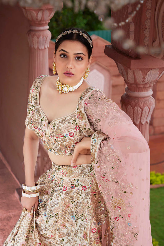 Cream Color Silk Bridal Lehenga Choli for Wedding