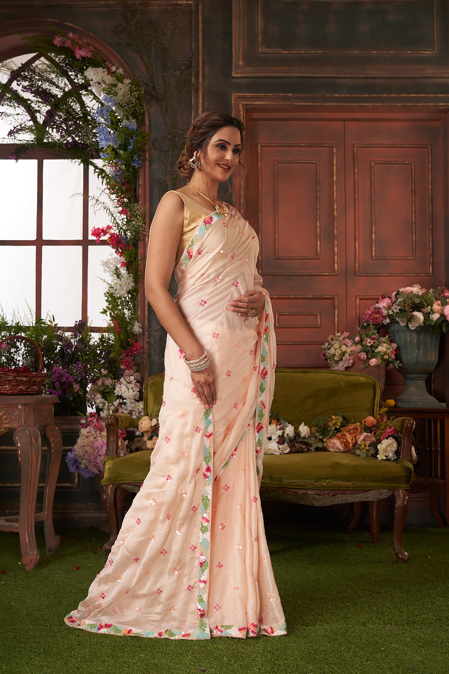 Peach Color Hand Embroidered Organza Saree