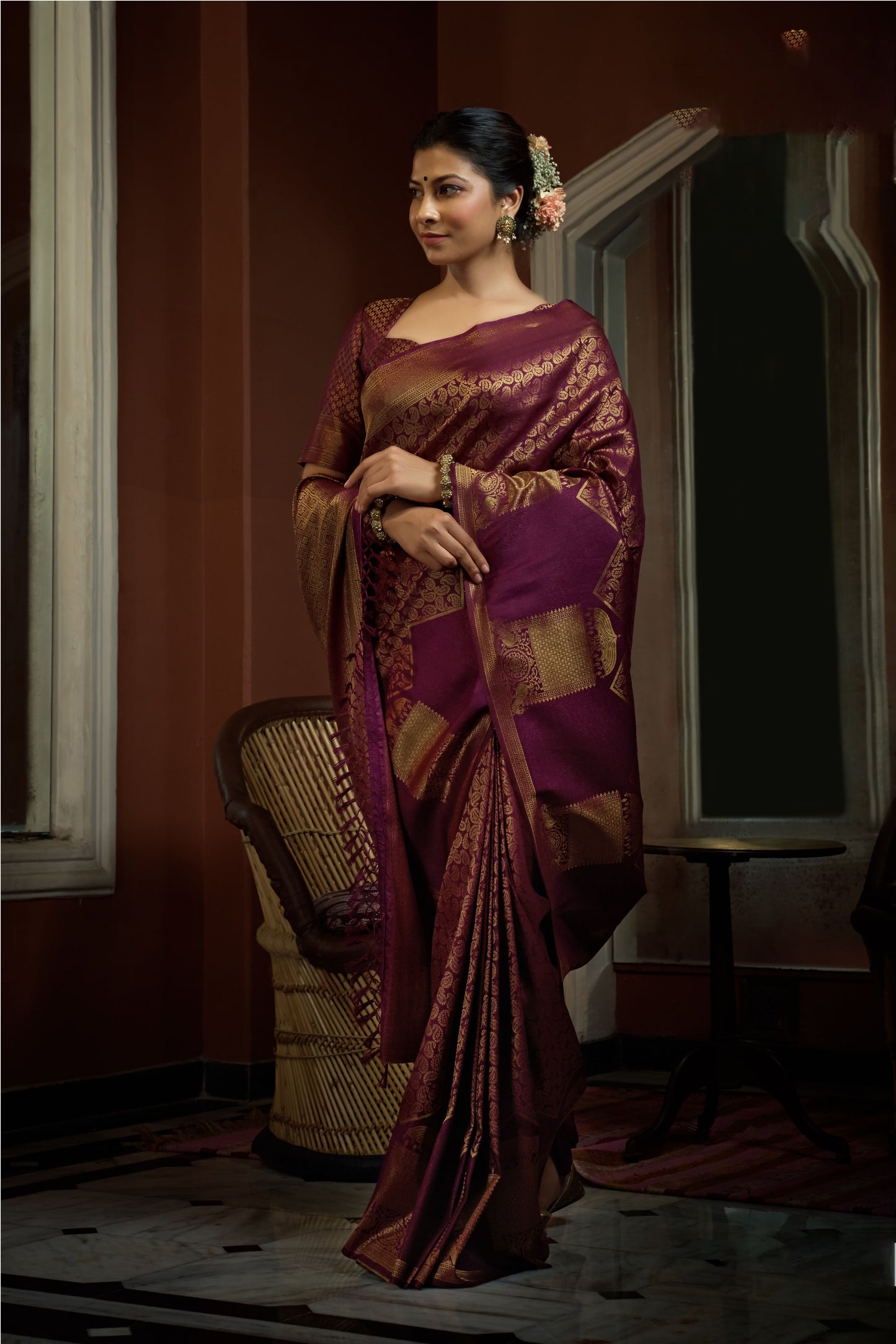 Fuchsia Pink Color Golden Zari Kanjeevaram Silk Saree
