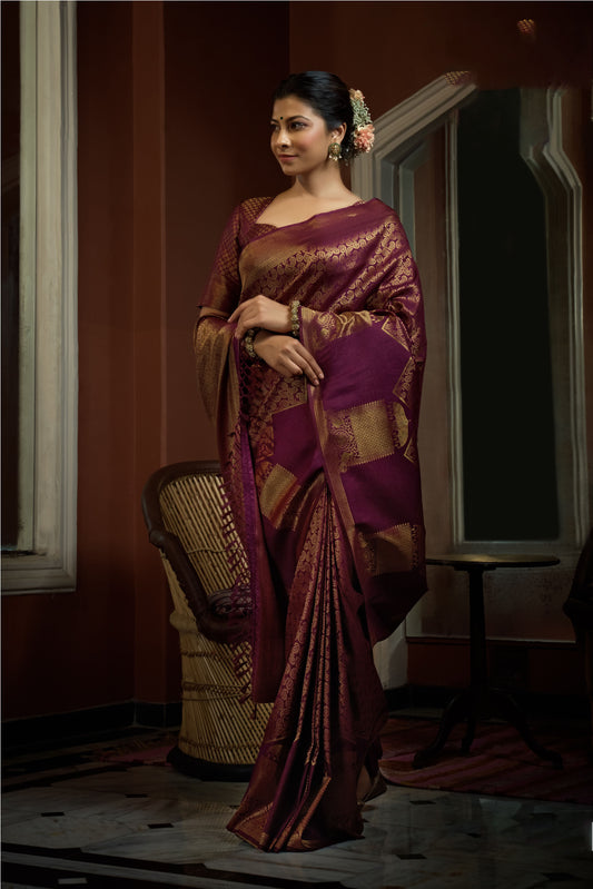 Fuchsia Pink Color Golden Zari Kanjeevaram Silk Saree