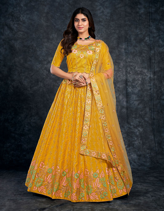 Mustard Yellow Italian Silk Zari Embroidery Bridal Lehenga