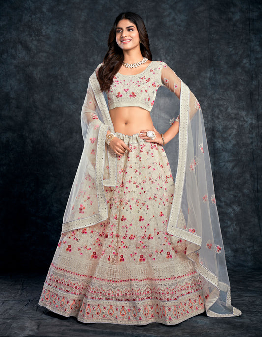 White Italian Silk Zari Embroidery Bridal Lehenga
