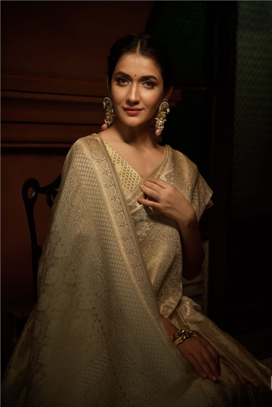 Off-White Golden Zari Kanjeevaram Silk Saree