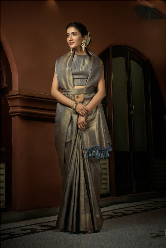 Platinum Grey Color Golden Zari Kanjeevaram Silk Saree