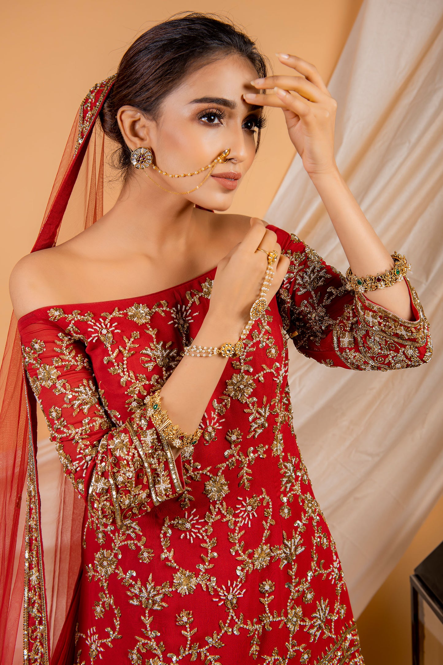 Red Georgette Off Shoulder Kurta Lehenga Set for Bridesmaid