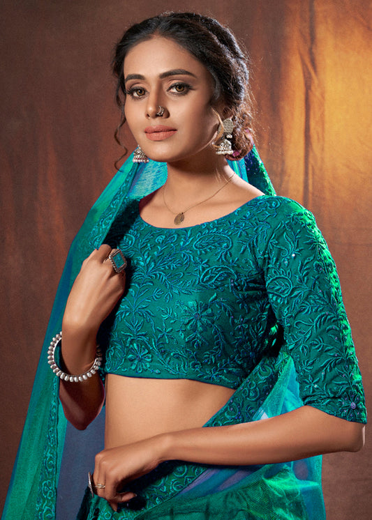 Green Color Monochrome Soft Net Lehenga