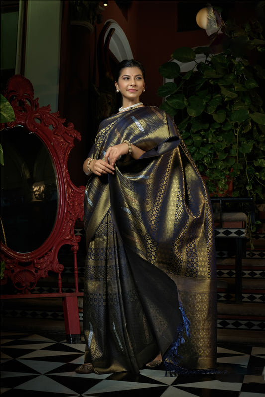 Navy Blue Color Copper Zari Work Kanjeevaram Silk Saree