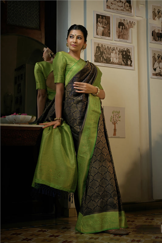 Blue & Green Golden Zari Kanjeevaram Silk Saree