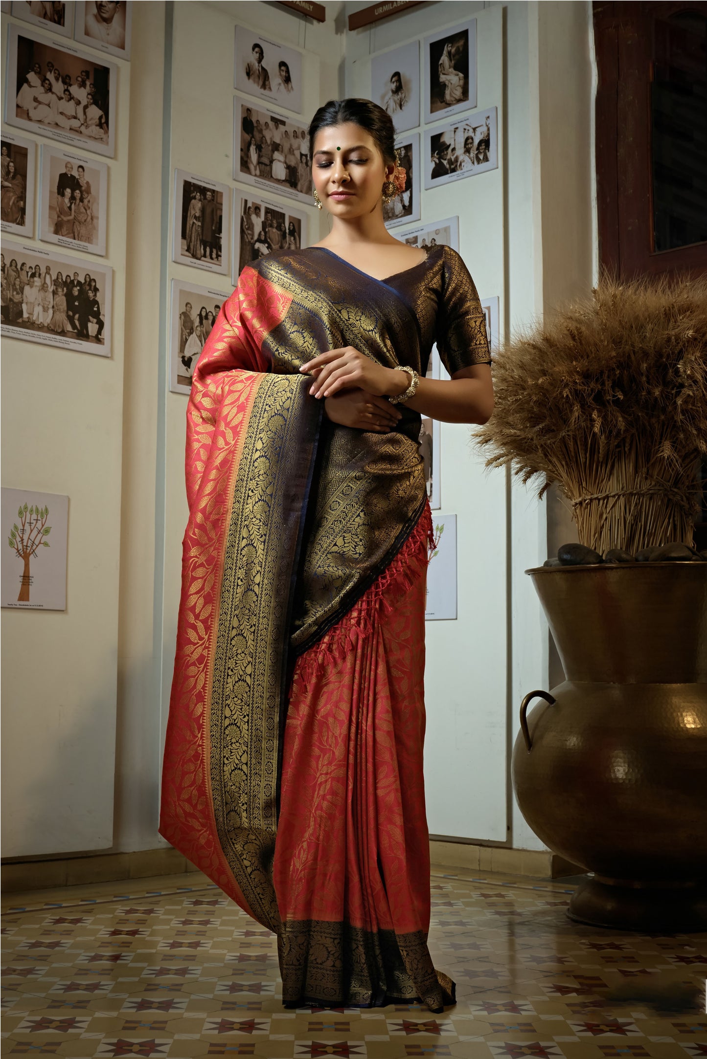 Carmine Red & Blue Golden Zari Kanjeevaram Silk Saree