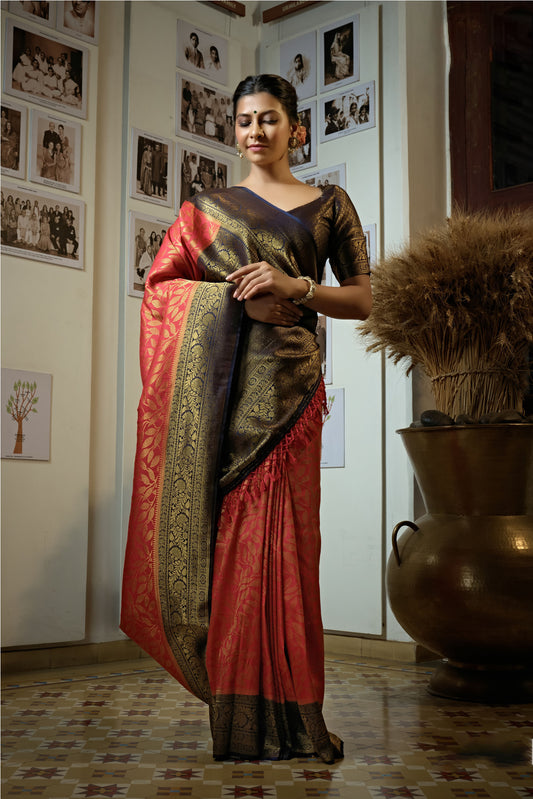Carmine Red & Blue Golden Zari Kanjeevaram Silk Saree
