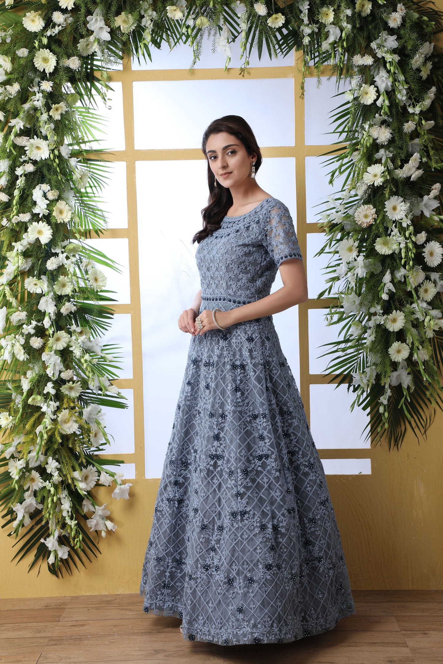 Marvelous Grey Color Net Anarkali for Sangeet