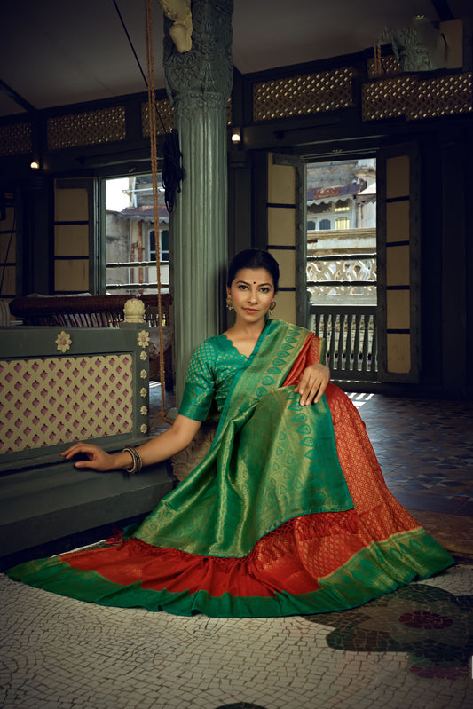 Crimson Red Color Golden Zari Kanjeevaram Silk Saree