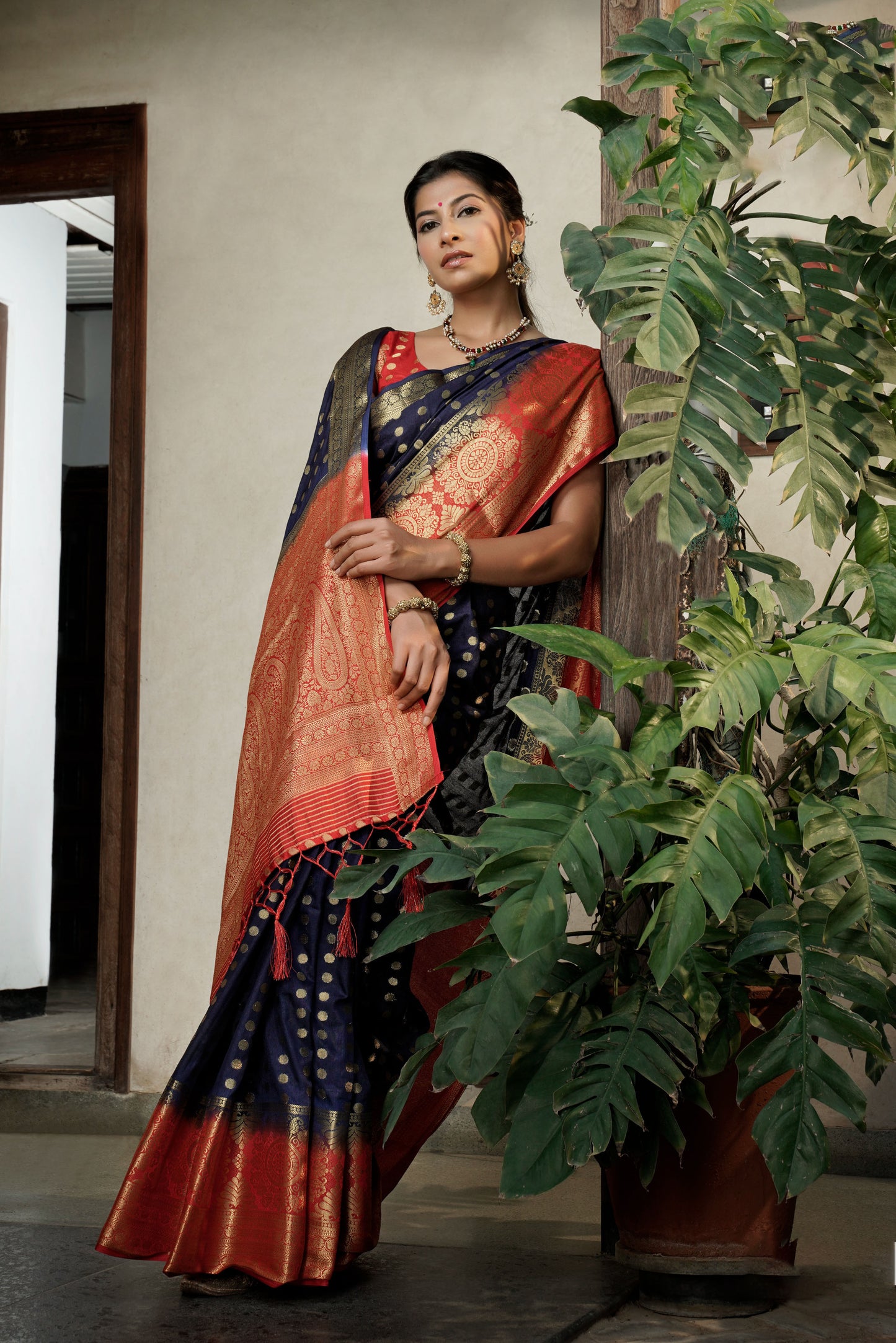 Blue Golden Zari Banarasi Raw Silk Saree with Red Blouse