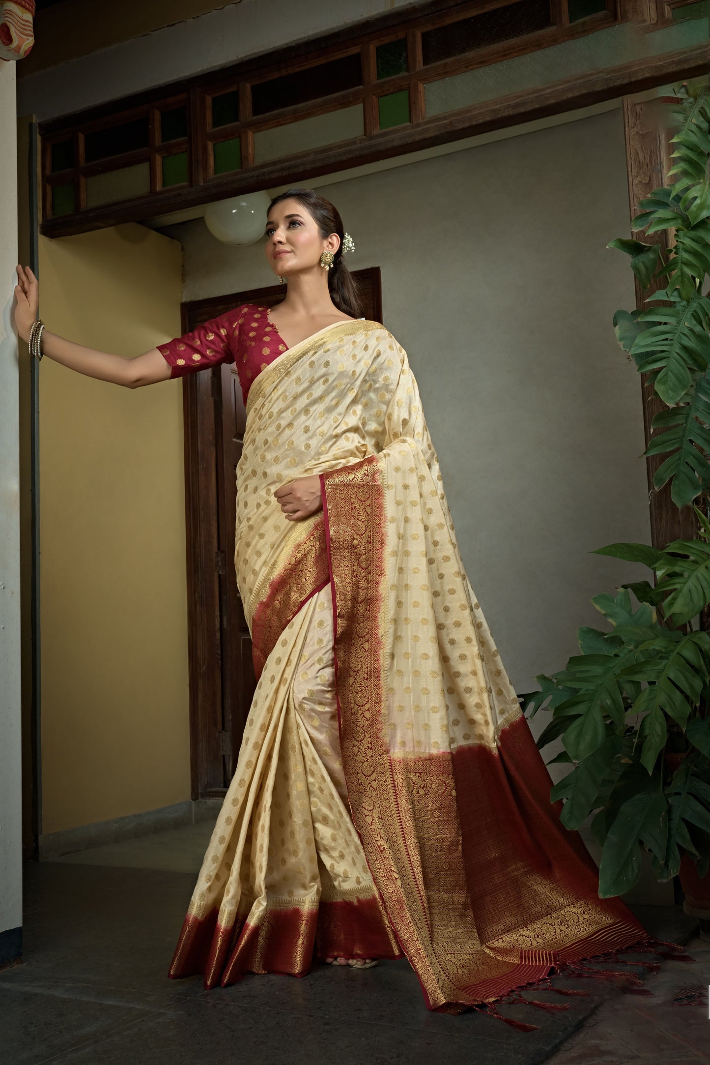 Cream Golden Zari Banarasi Raw Silk Saree