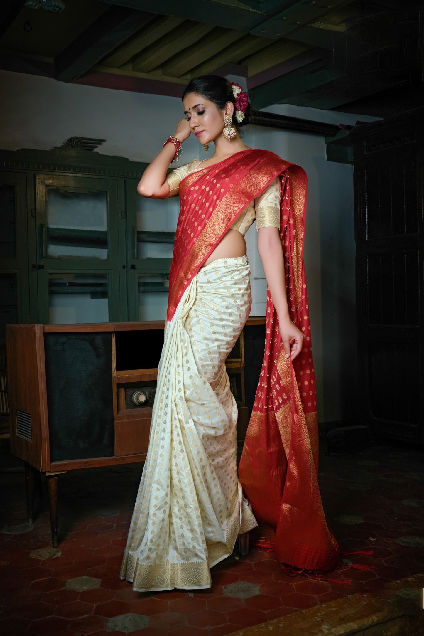 Red-Ivory White Golden Zari Banarasi Raw Silk Saree