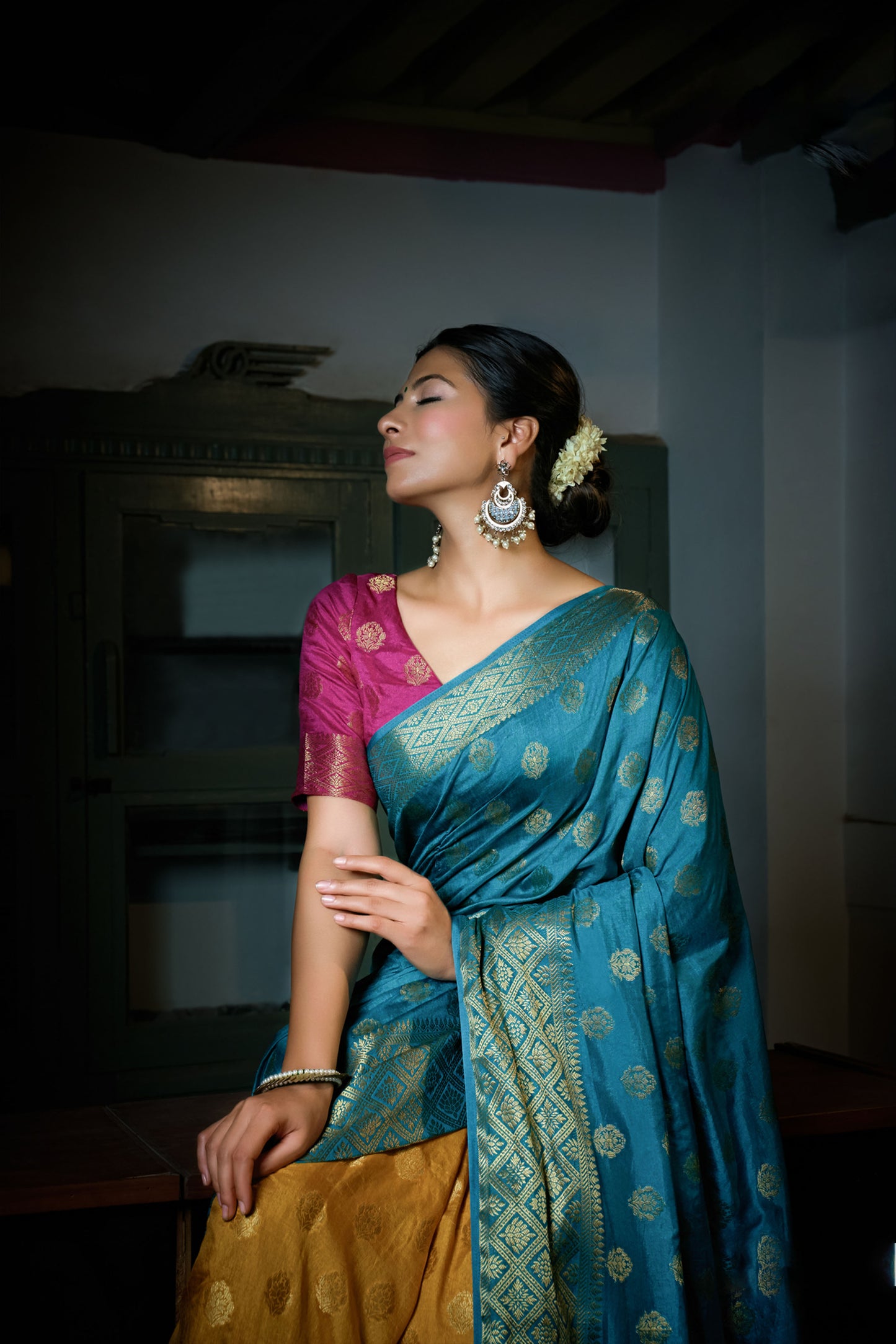 Sky Blue-Mustard Yellow Color Golden Zari Banarasi Raw Silk Saree