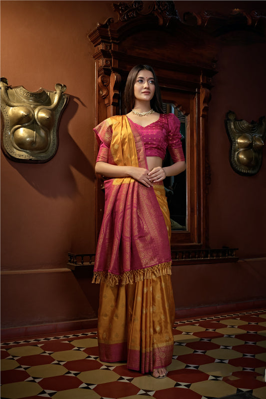 Yellow Golden Zari Banarasi Satin Silk Saree