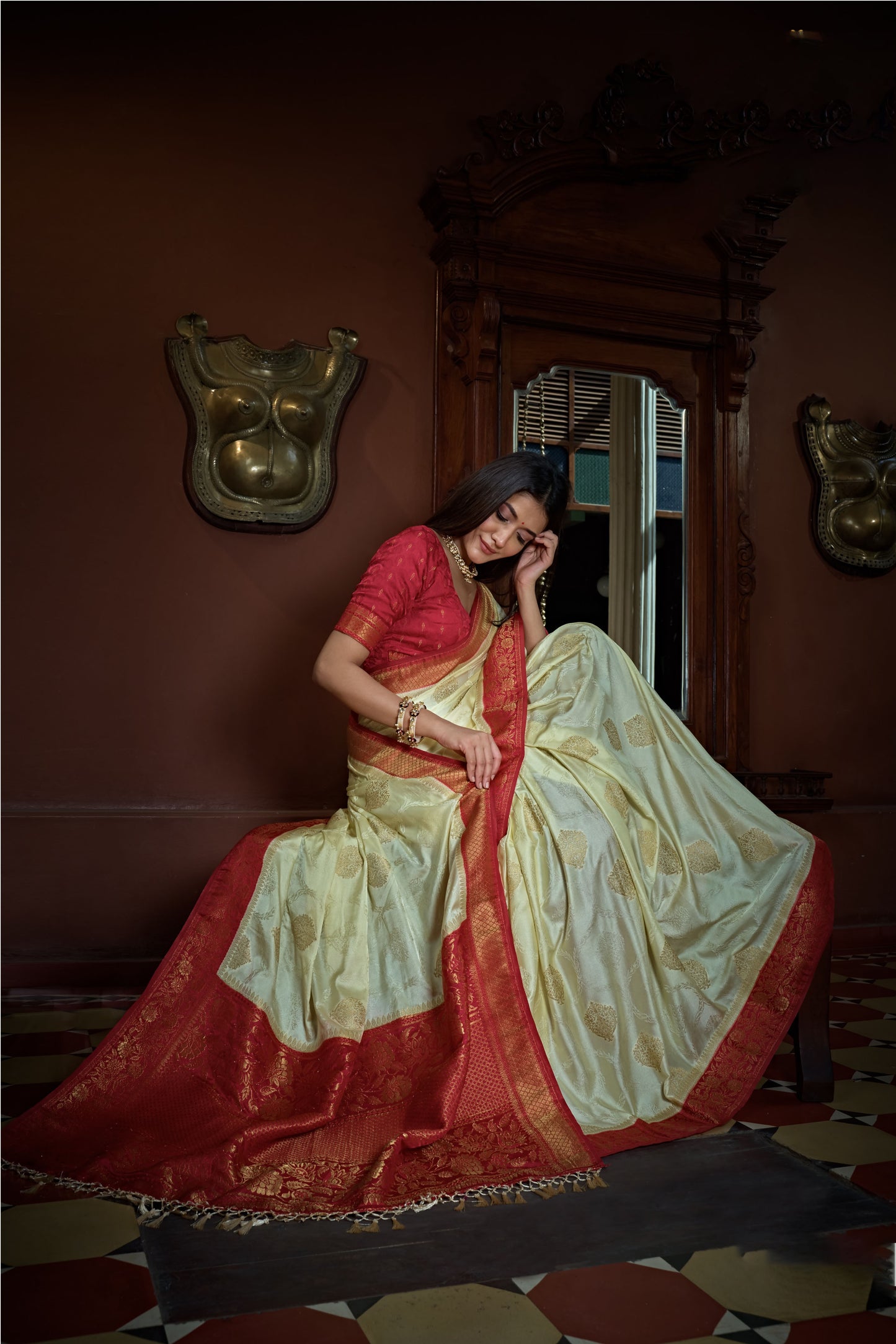 White Color Golden Zari Banarasi Satin Silk Saree